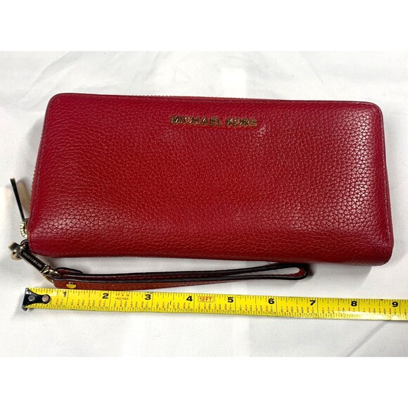 Michael Kors Wallet Womens Large Red Pebble Leather Zip Around Wristlet Purse - Picture 2 of 8